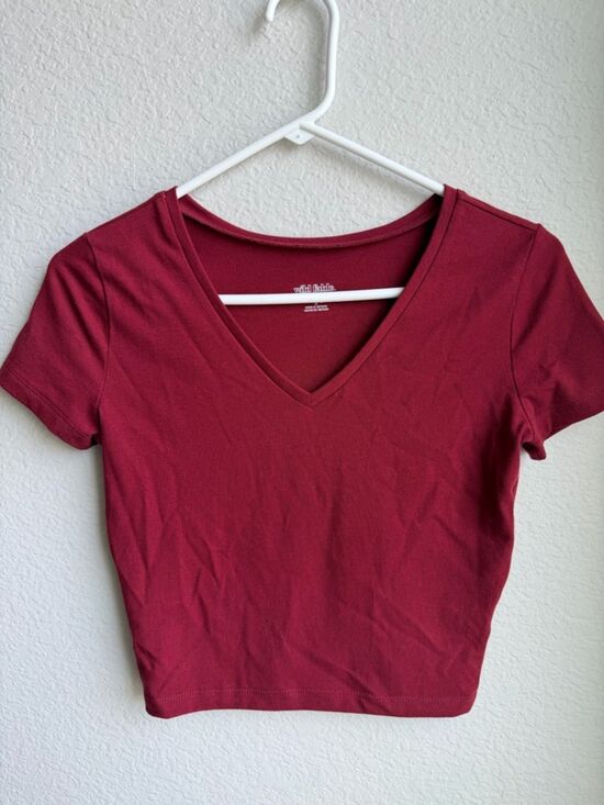 wild fable Tops - wild fable Burgundy V-Neck Short Sleeve Crop Top